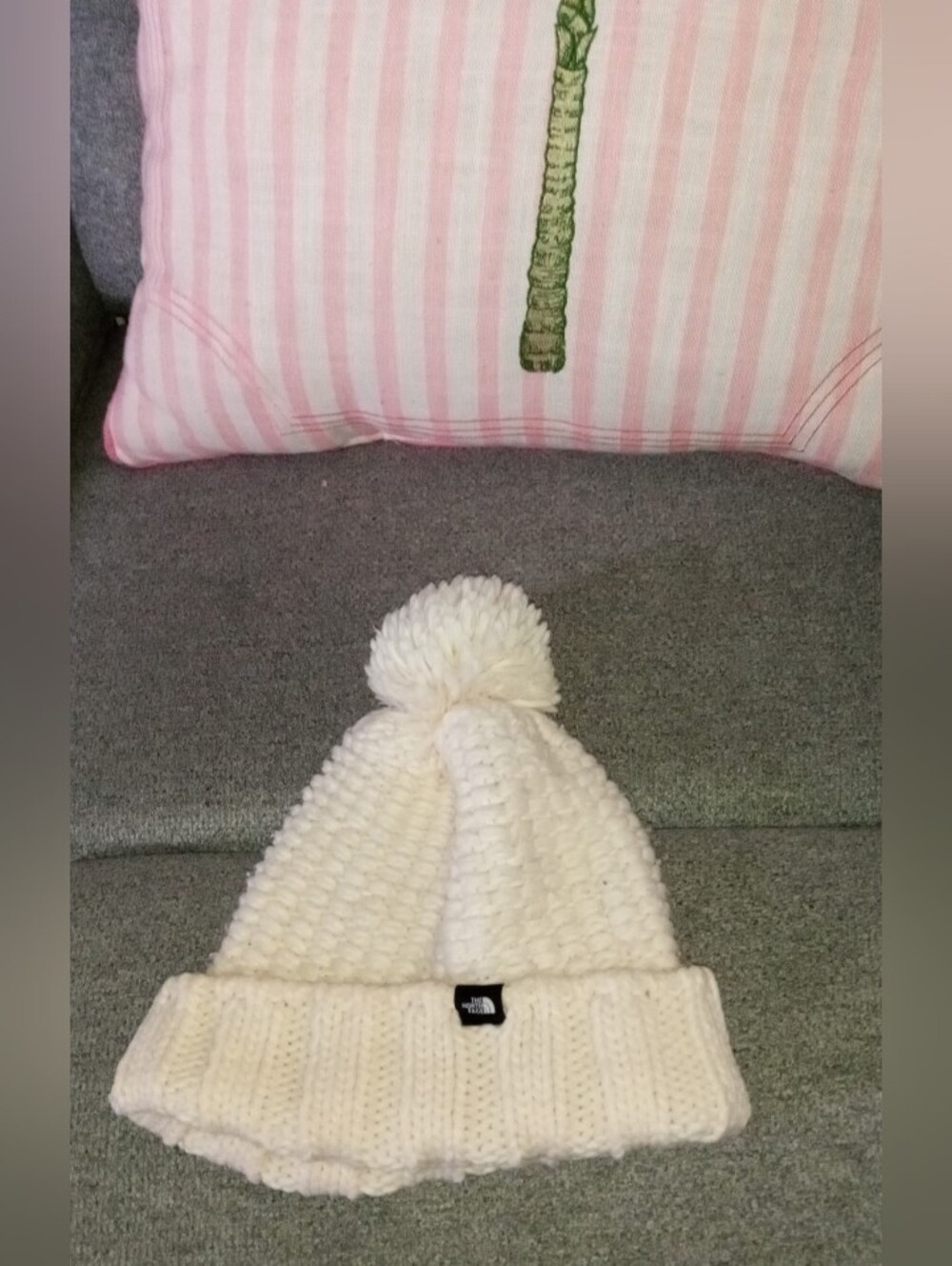 The North Face  White Pom Knit Beanie